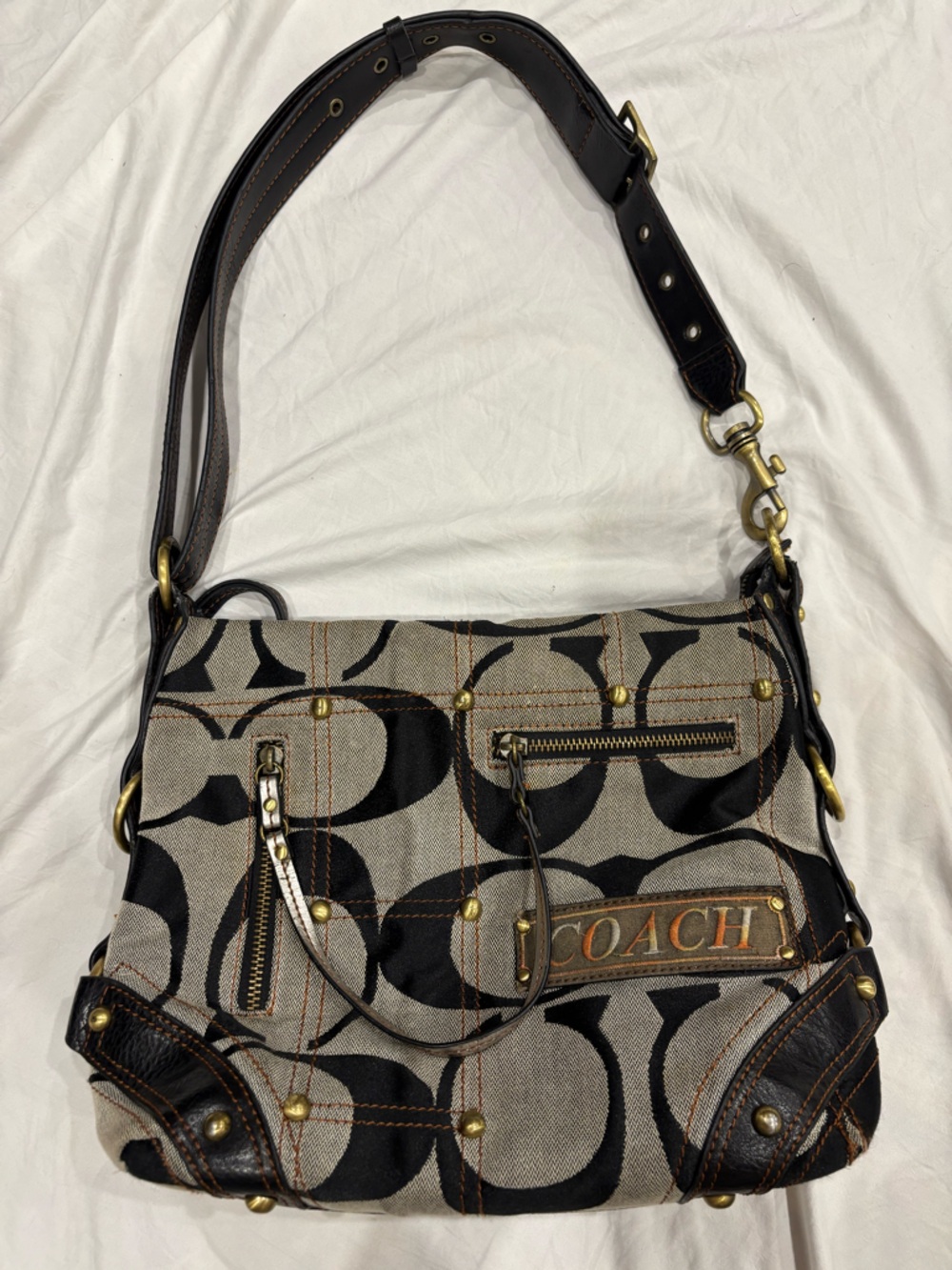 Coach Black and Tan Signature Jacquard Shoulder Bag